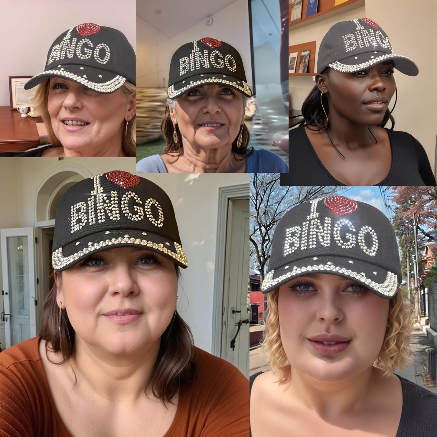Popfizzy Bingo Lover Baseball Hat for Women, Black Bling Rhinestone I Love Bingo Hat, Adult Bedazzled Bingo Gift