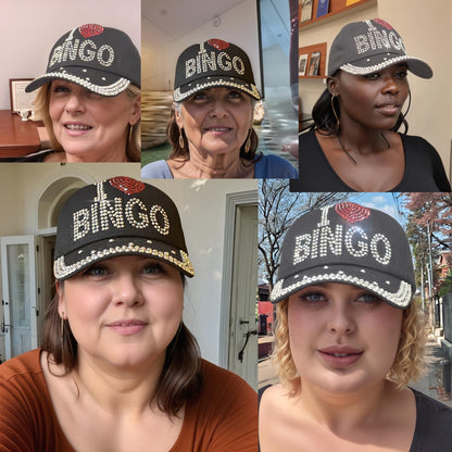 Popfizzy Bingo Lover Baseball Hat for Women, Black Bling Rhinestone I Love Bingo Hat, Adult Bedazzled Bingo Gift