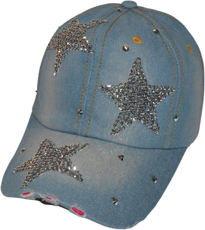 Popfizzy Womens Bling Cap, Star Rhinestone Baseball Cap, Bejeweled Distressed Denim Hat, Bling Gifts for Women