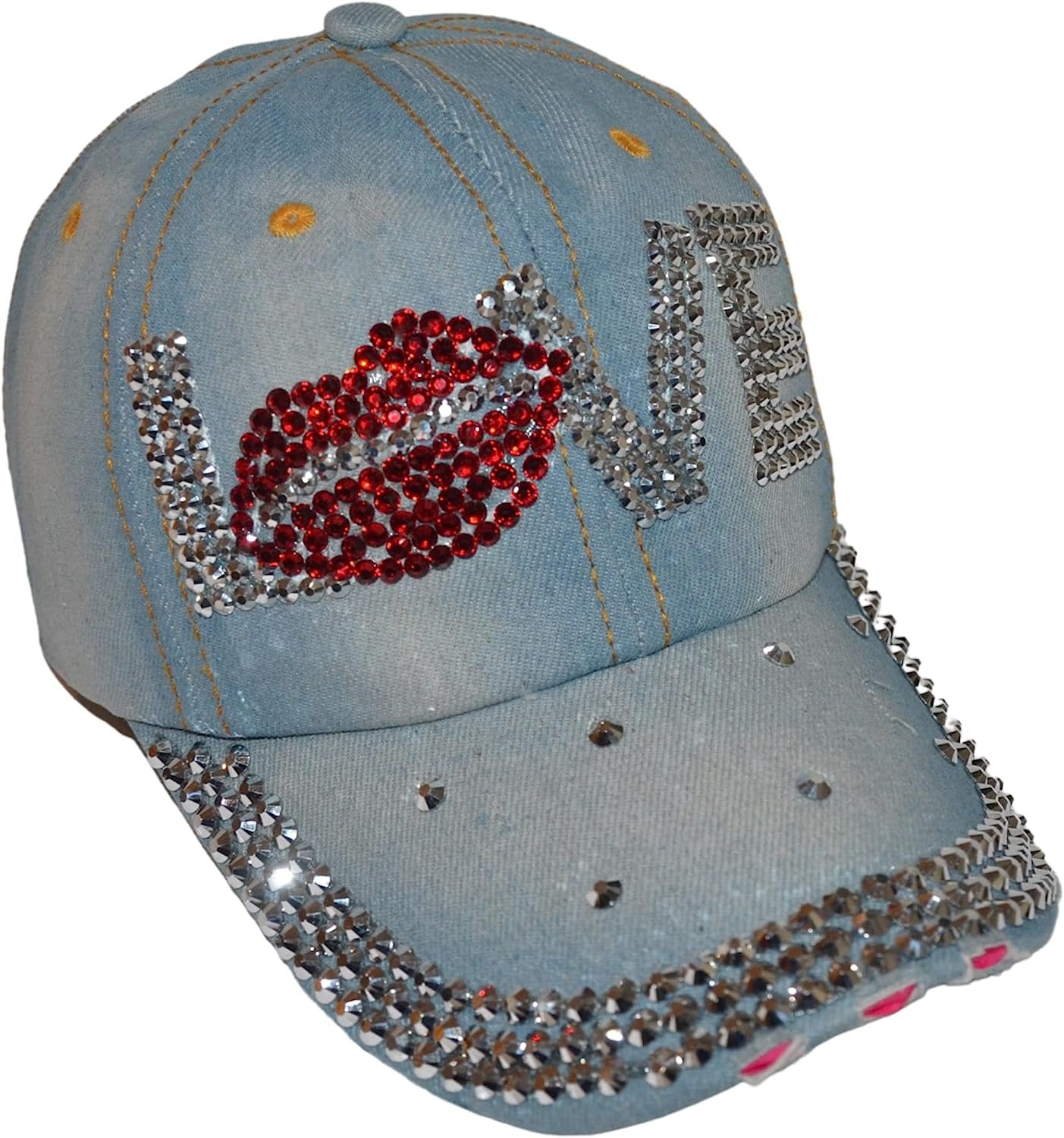 Popfizzy Womens Bling Cap, Bejeweled Rhinestone Baseball Cap, Distressed Denim Hat for Women, Bling Gifts for Women