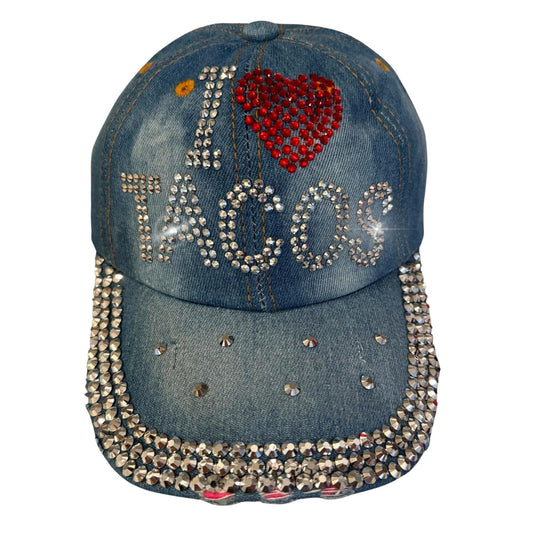 Popfizzy Tacos Hat for Women and Girls, Adult Bedazzled Rhinestone Blue Denim Hats, Bling Gifts for Taco Lovers, One Size