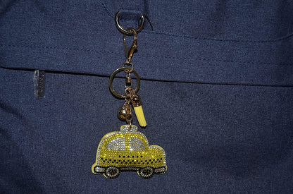 Yellow Taxi Cab Keychain for Women and Girls Rhinestone Backpack Accessories, Purse Charms, Cute Tassel Key Chain Key Fob