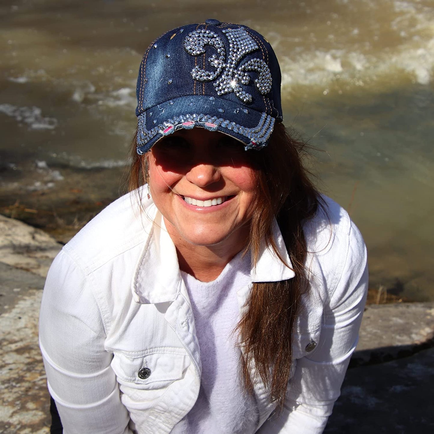 Popfizzy Womens Bling Fleur de Lis Baseball Cap, Blue, Cotton, NOLA Gift