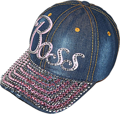 Bling Boss Rhinestone Denim Baseball Hat, Sassy Blue Distressed Cap for Women, Adult