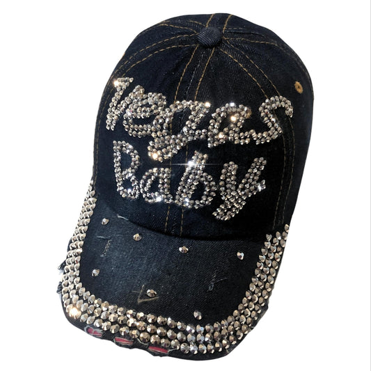 Popfizzy Women's Vegas Baby Hat, Black Baseball Cap with Rhinestones, Las Vegas Souvenir