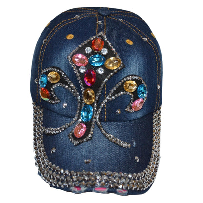 Popfizzy Womens Bling MC Fleur de Lis Baseball Cap, Blue, Cotton, NOLA Gift
