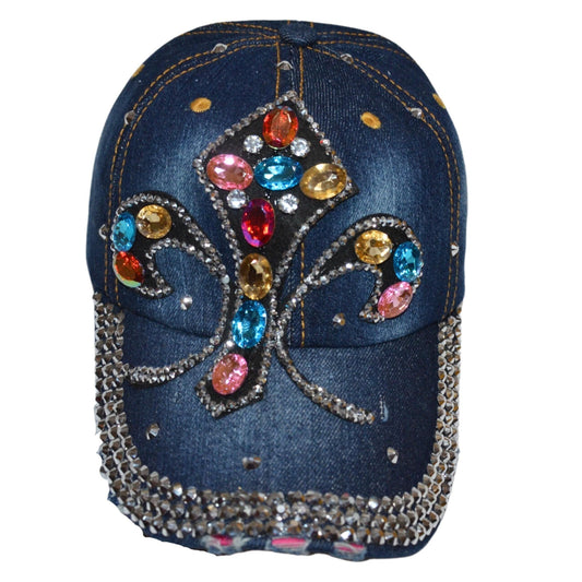 Popfizzy Womens Bling MC Fleur de Lis Baseball Cap, Blue, Cotton, NOLA Gift