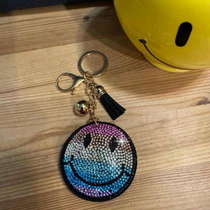 Popfizzy Rainbow Smiley Face Keychain Accessories for Women, Rhinestone Emoji Happy Face Keychains, Smiley Face Gifts
