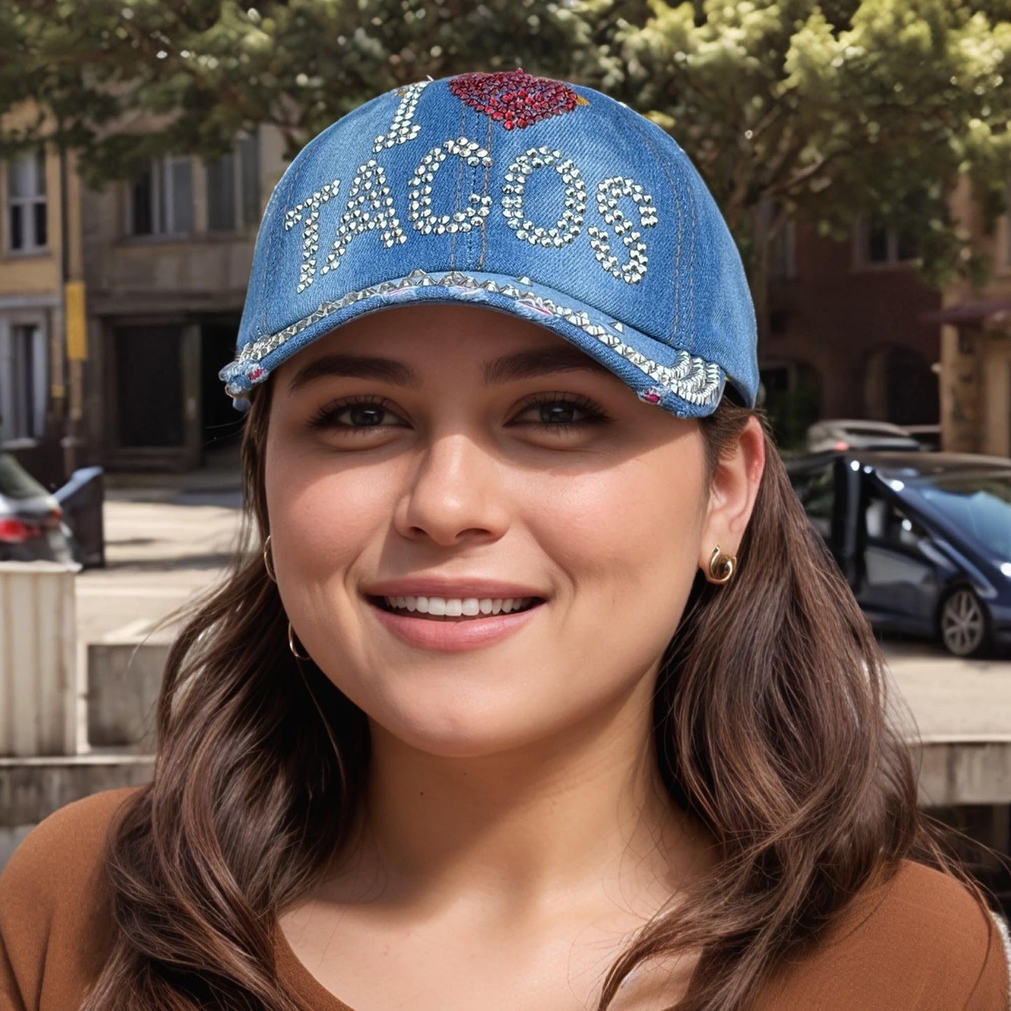 Popfizzy Tacos Hat for Women and Girls, Adult Bedazzled Rhinestone Blue Denim Hats, Bling Gifts for Taco Lovers, One Size