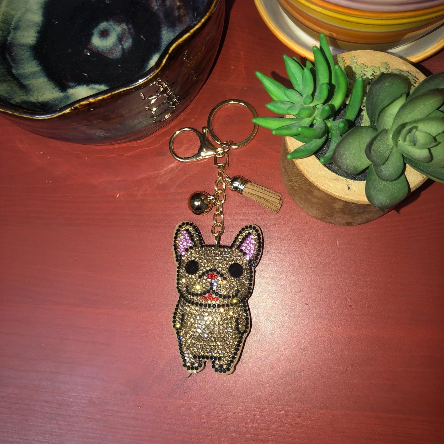 Popfizzy Bling French Bulldog Keychain for Women, Rhinestone Frenchie Dog Keychain Accessories, French Bulldog GiftsCow Accessories