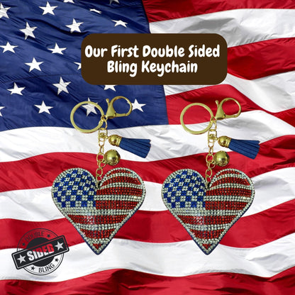 Popfizzy Bling American Flag Keychain for Women and Girls, Purse Charm, Heart Bag Charm, American Flag Gifts, Double Sided