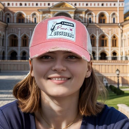 Popfizzy Funny Vintage Trucker Hats for Wine Drinkers, Adult Humor Caps, Distressed Baseball Cap (I Make Pour Decisions)