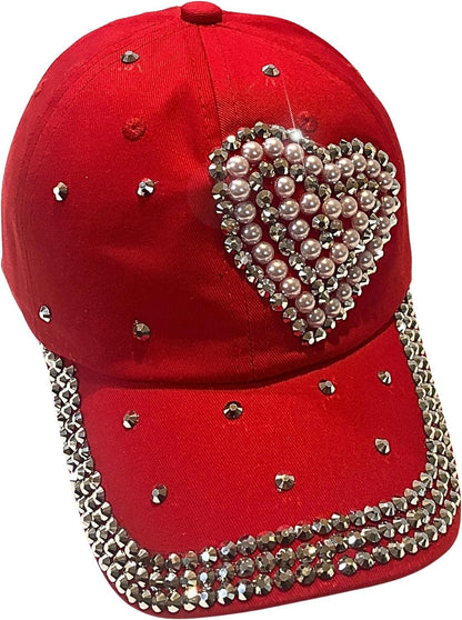 Popfizzy Bling Red Pearl Heart Hat for Women, Adult Hat, Cotton