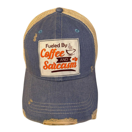 Popfizzy Funny Vintage Coffee and Sarcasm Trucker Hats for Coffee Drinkers, Adult Humor Caps, Fun Distressed Baseball Cap