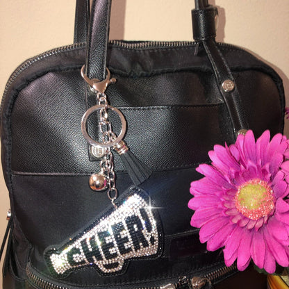 Popfizzy Silver Cheer Keychain for Girls and Women, Rhinestone Cheer Bag Charm, Cheerleader Gifts, Cheer Backpack Keyring