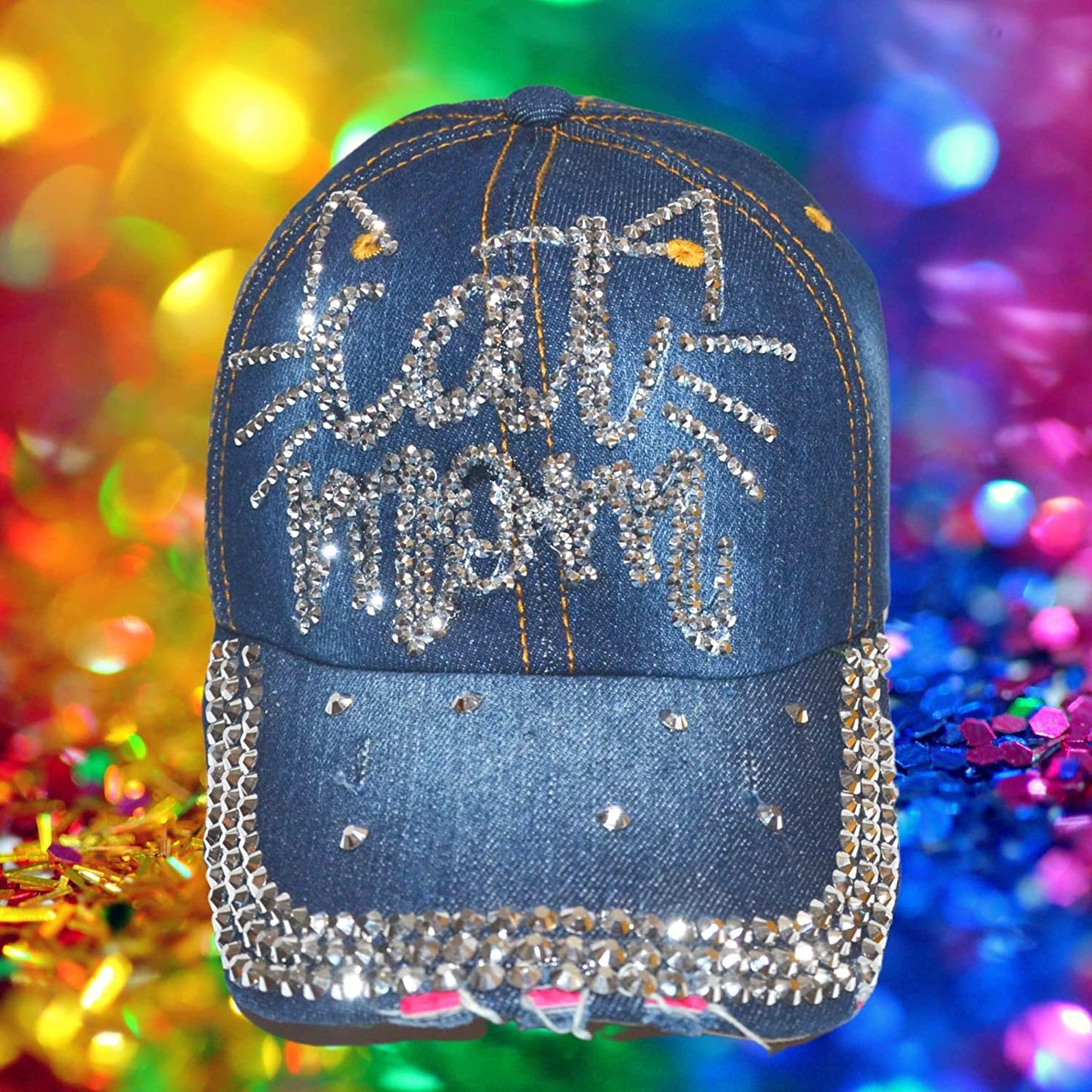 Popfizzy Women’s Cat Mom Hat, Bling Blue Denim Adult Baseball Hat