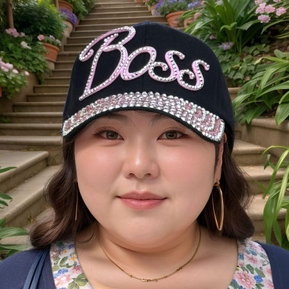 Popfizzy Rhinestone Boss Hat for Women, Bling Black Baseball Cap with Words, Female Boss Gift, Fancy Ballcap, One Size (Boss)