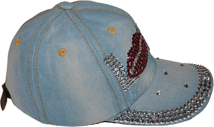 Popfizzy Womens Bling Cap, Bejeweled Rhinestone Baseball Cap, Distressed Denim Hat for Women, Bling Gifts for Women
