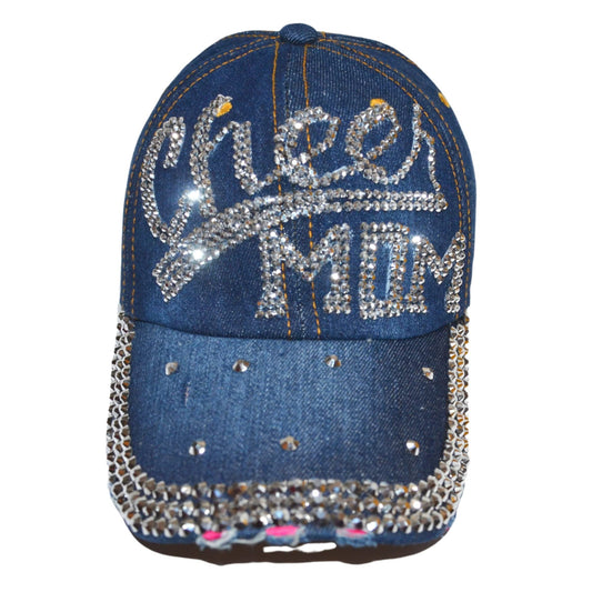 Popfizzy Women’s Cheer Mom Hat, Bling Blue Denim Adult Baseball Hat