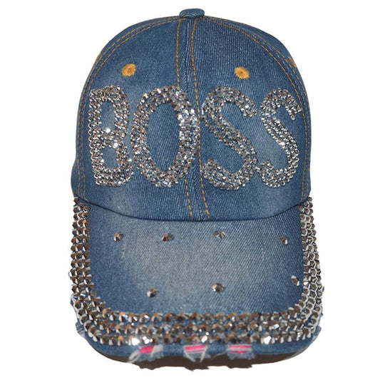 Popfizzy Bling Boss Hat for Women, Fun Rhinestone Baseball Cap, Bejeweled Distressed Denim Hat, Bling Gifts for Women