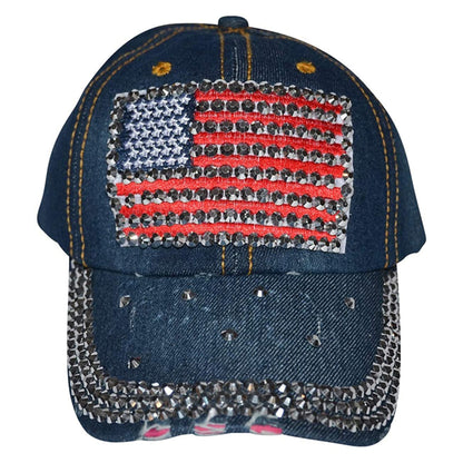 American Flag Hat Women’s Distressed Rhinestone Patriotic Baseball Cap