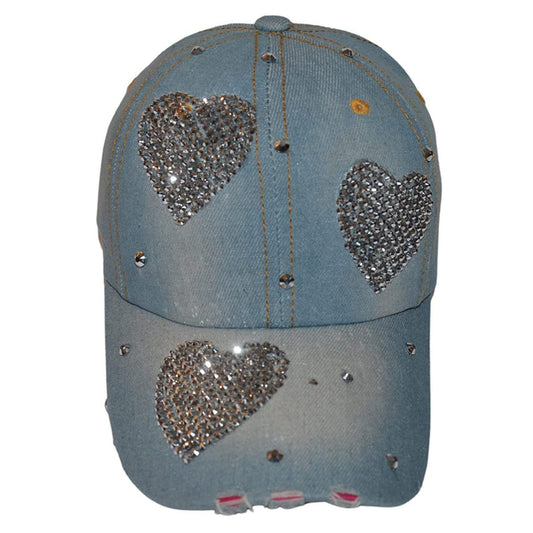 Heart Baseball Cap, Bling Caps for Women and Teenage Girls, Rhinestones Distressed Denim Trucker Hat, Bedazzled Love Cap, Best Friend Gift