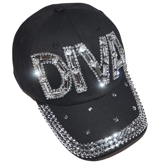 Popfizzy Women’s Rhinestone Diva Hat, Adult Bling Black Baseball Cap