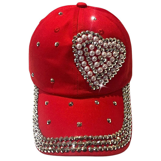 Popfizzy Bling Red Pearl Heart Hat for Women, Adult Hat, Cotton