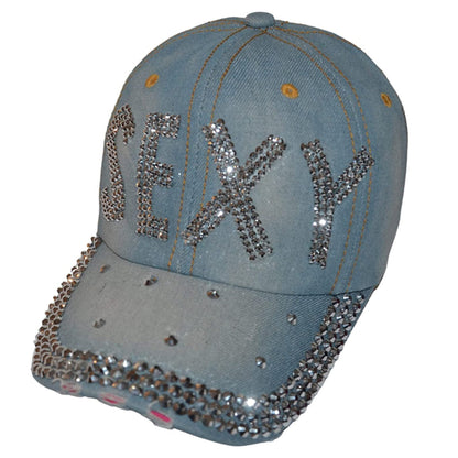 Popfizzy Womens Bling Cap, Rhinestone Baseball Cap, Bejeweled Distressed Denim Hat, Bling Gifts for Women