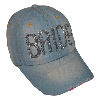Popfizzy Womens Bling Bride Cap, Rhinestone Baseball Cap, Bejeweled Distressed Denim Hat, Bling Gifts for Women