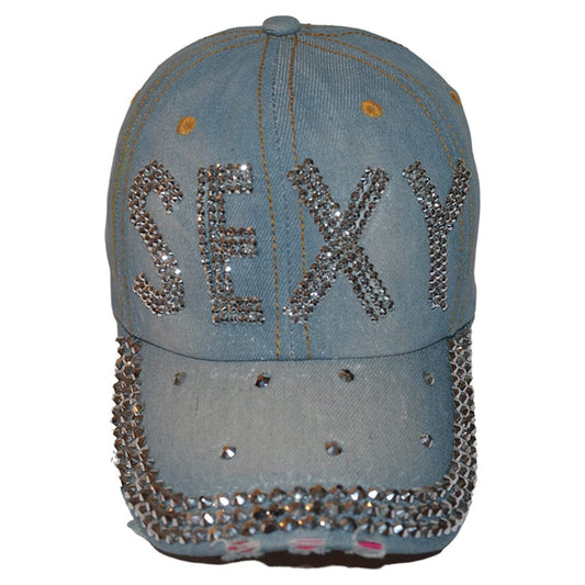 Popfizzy Womens Bling Cap, Rhinestone Baseball Cap, Bejeweled Distressed Denim Hat, Bling Gifts for Women