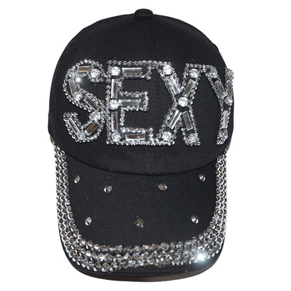 Popfizzy Womens Bling Sexy Cap, Rhinestone Baseball Cap, Bejeweled Distressed Denim Hat, Bling Gifts for Women