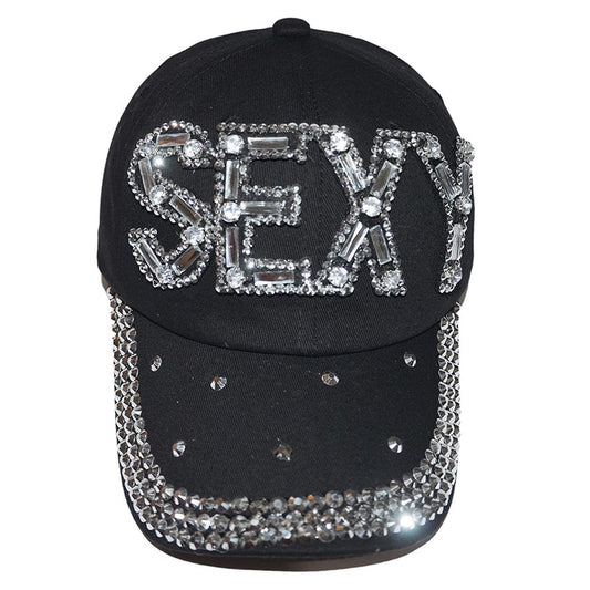 Popfizzy Womens Bling Sexy Cap, Rhinestone Baseball Cap, Bejeweled Distressed Denim Hat, Bling Gifts for Women