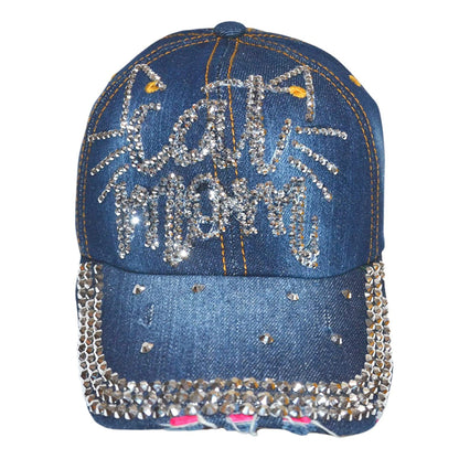 Popfizzy Women’s Cat Mom Hat, Bling Blue Denim Adult Baseball Hat