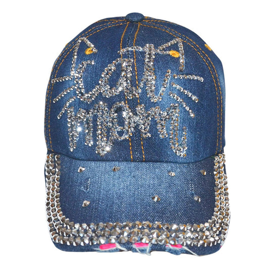 Popfizzy Women’s Cat Mom Hat, Bling Blue Denim Adult Baseball Hat
