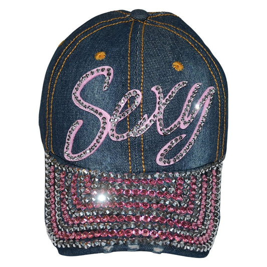 Popfizzy Rhinestone Sexy Hat for Women, Bling Denim Baseball Cap with Words, Fancy Ballcap