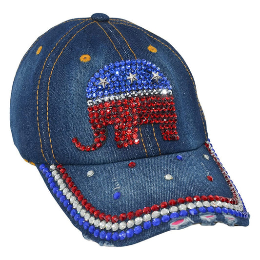 Republican Elephant Hat for Women Rhinestone Hat, Bedazzled Bling Baseball Caps, Distressed Hat, Fancy Denim Bejeweled Hats