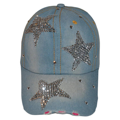 Popfizzy Womens Bling Cap, Star Rhinestone Baseball Cap, Bejeweled Distressed Denim Hat, Bling Gifts for Women