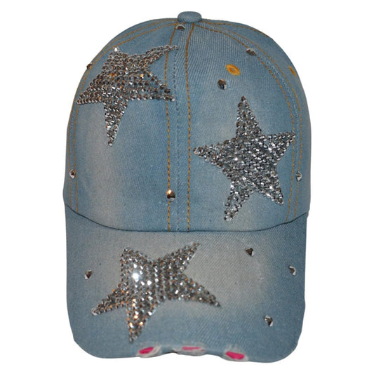 Popfizzy Womens Bling Cap, Star Rhinestone Baseball Cap, Bejeweled Distressed Denim Hat, Bling Gifts for Women