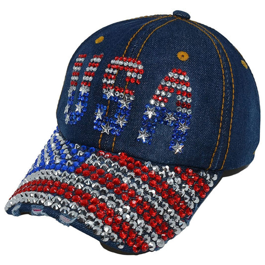 Popfizzy USA Women’s American Flag Baseball Cap Bling Rhinestone Trucker Hat