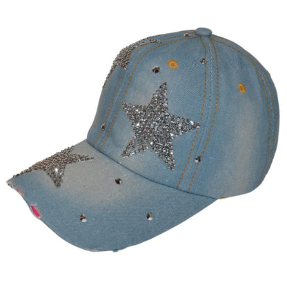Popfizzy Womens Bling Cap, Star Rhinestone Baseball Cap, Bejeweled Distressed Denim Hat, Bling Gifts for Women