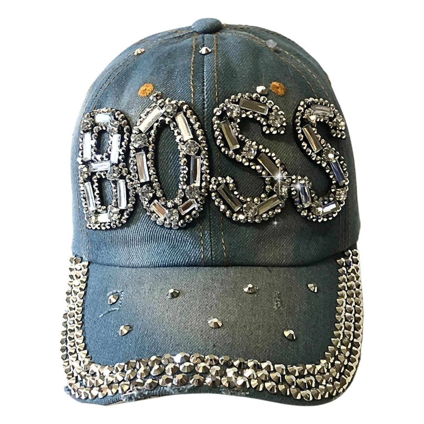 Popfizzy Bling Light Blue Denim Boss Baseball Cap for Women, Best Boss Gifts for Women, Rhinestone Boss Hat, Gifts for Boss Women