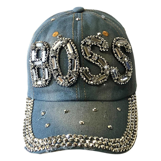 Popfizzy Bling Light Blue Denim Boss Baseball Cap for Women, Best Boss Gifts for Women, Rhinestone Boss Hat, Gifts for Boss Women