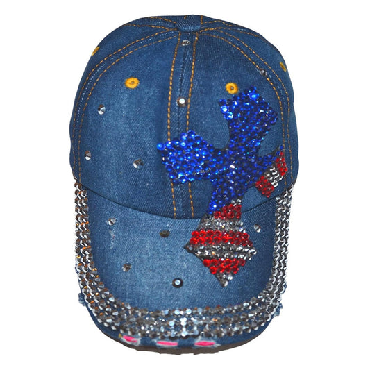 Popfizzy Women’s Red, White, and Blue Cross Hat, Bling Blue Denim Adult Baseball Hat