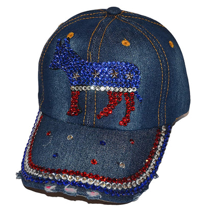 Democratic Donkey Hat for Women Distressed Rhinestone Bejeweled Cotton Baseball Hat Sparkle Bling Cap