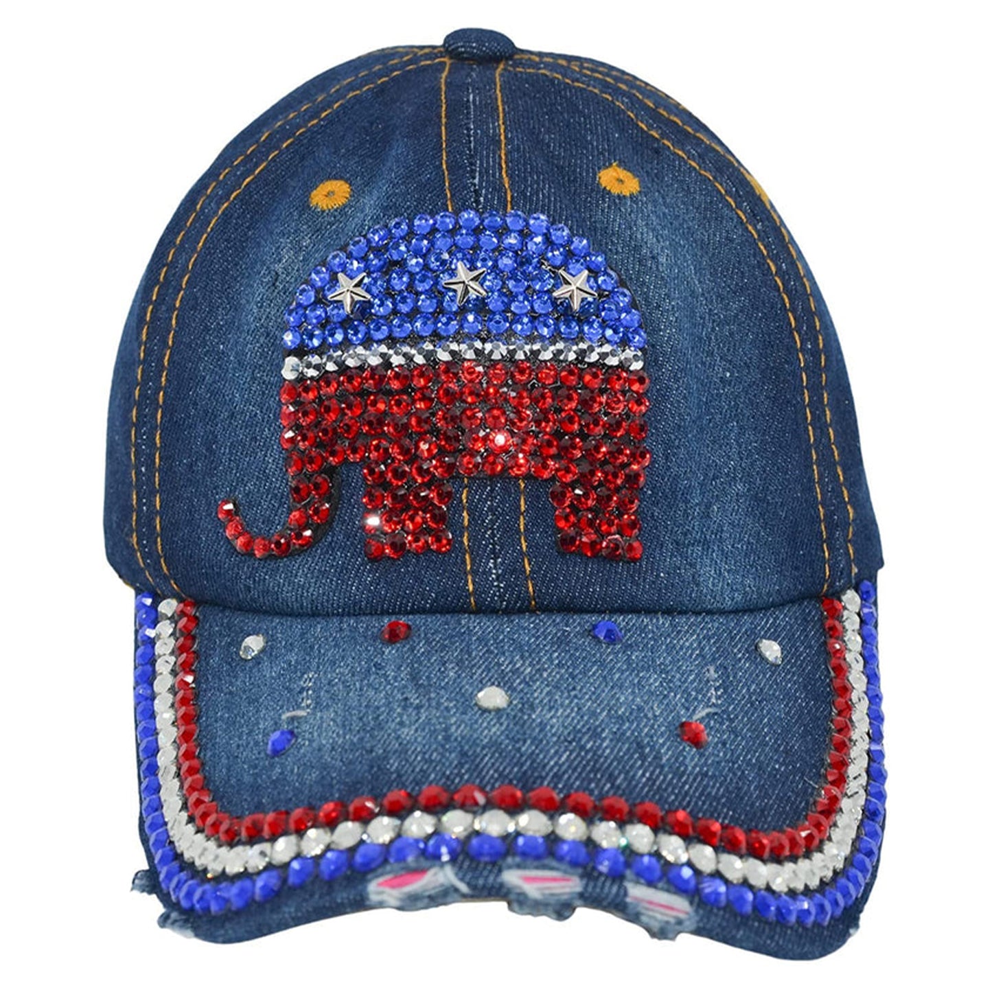 Republican Elephant Hat for Women Rhinestone Hat, Bedazzled Bling Baseball Caps, Distressed Hat, Fancy Denim Bejeweled Hats
