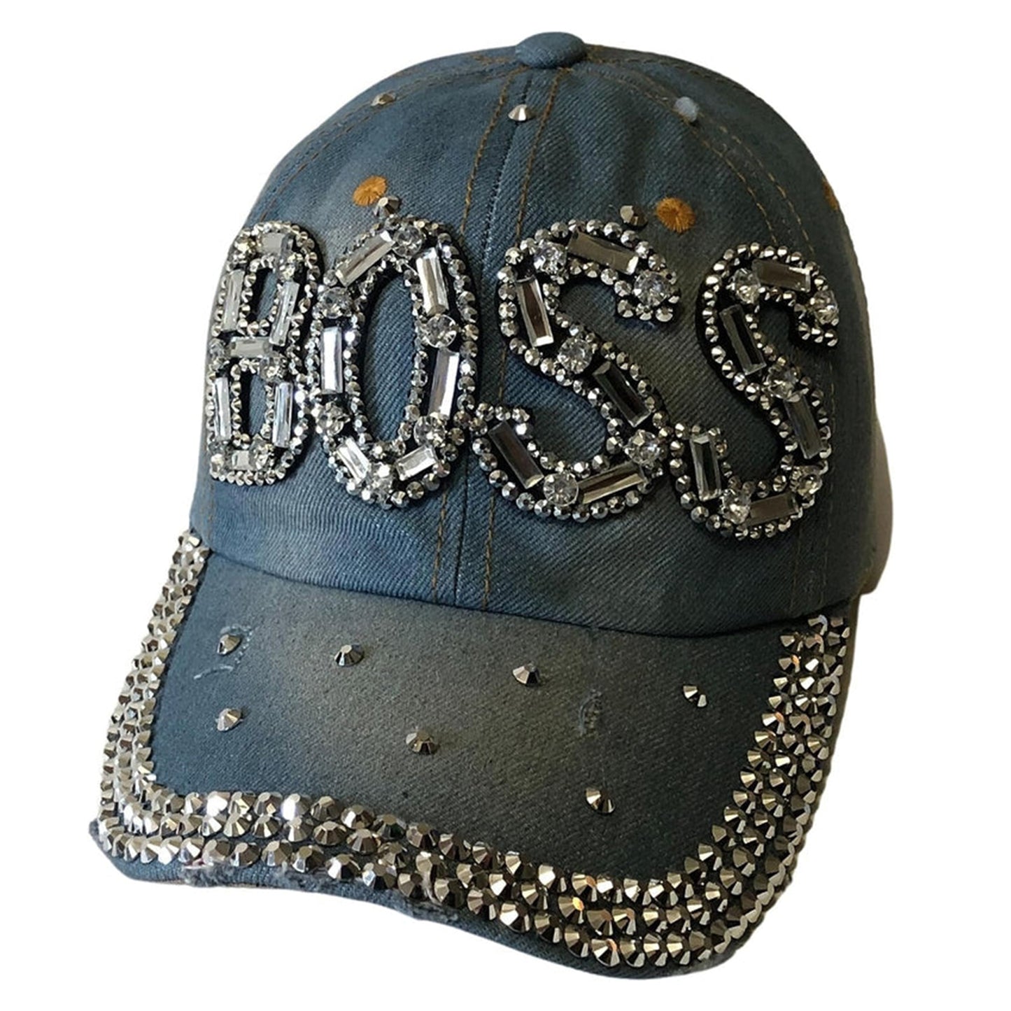 Popfizzy Bling Light Blue Denim Boss Baseball Cap for Women, Best Boss Gifts for Women, Rhinestone Boss Hat, Gifts for Boss Women