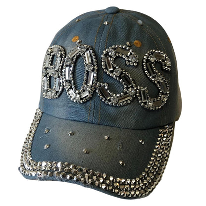 Popfizzy Bling Light Blue Denim Boss Baseball Cap for Women, Best Boss Gifts for Women, Rhinestone Boss Hat, Gifts for Boss Women
