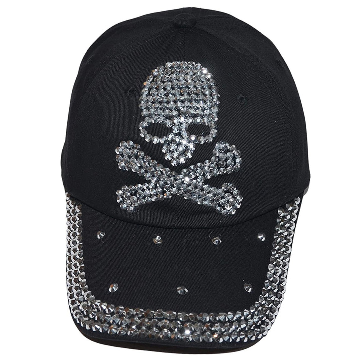 Popfizzy Skull Hat for Women and Girls, Biker Trucker Hat, Rhinestone Sparkle Bling Black Baseball Caps, Pirate Hat