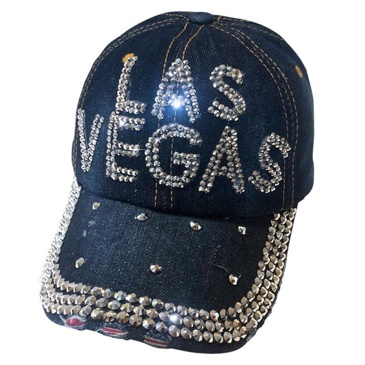 Popfizzy Las Vegas Hat for Women, Adult Distressed Bling Denim Blue Hat